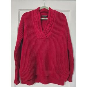 Lauren Ralph Lauren Women's Sweater Red Knit Medium Cotton Pullover Shawl Neck